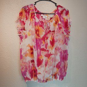 Liz Claiborne soft Bright neon pink Watercolor Peasant top blouse size Large LG